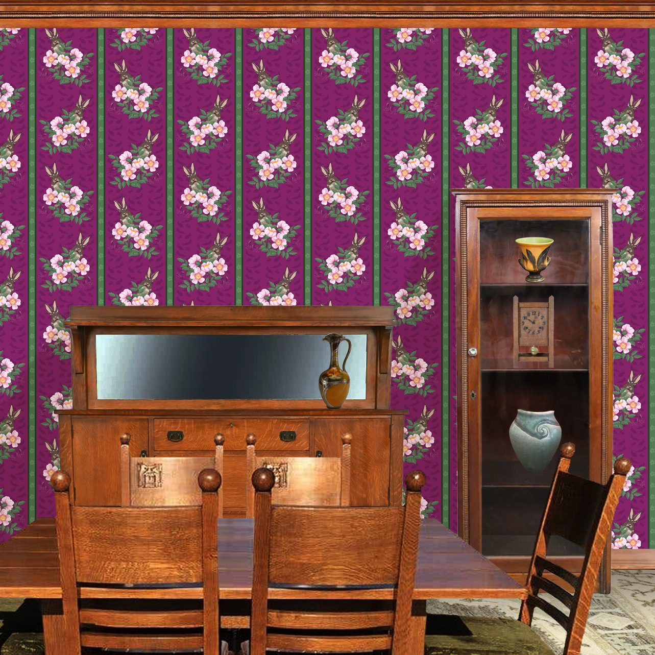 v The wallpaper design is shown in a Mission style dining room.